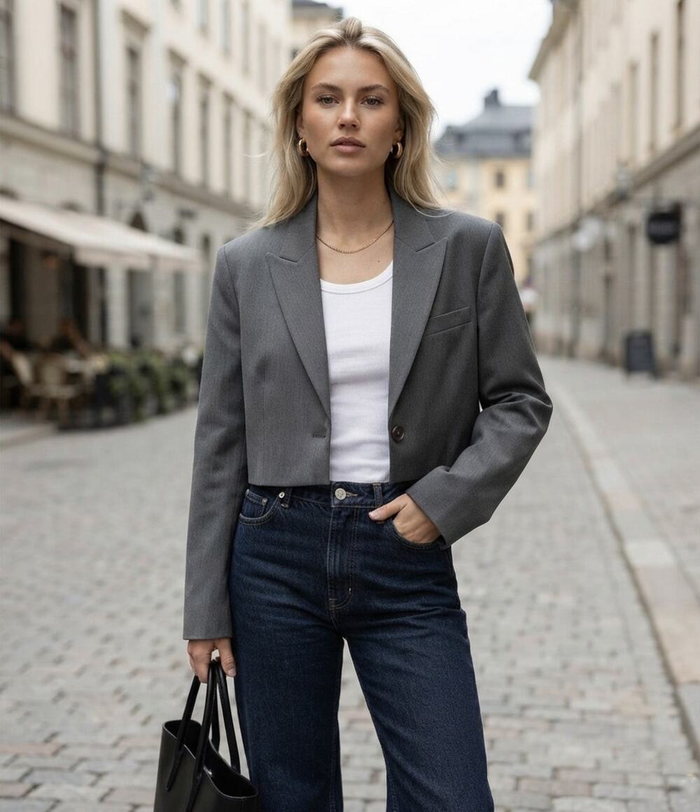 Djerf Avenue Grey Cropped Blazer Size XS Peak Lapel Minimalist Tailored EUC